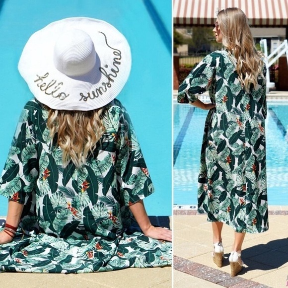 Rachel Zoe Palm Leaf Duster Kimono ~ One Size Tropical Aloha Coverup Beachy - Picture 1 of 6
